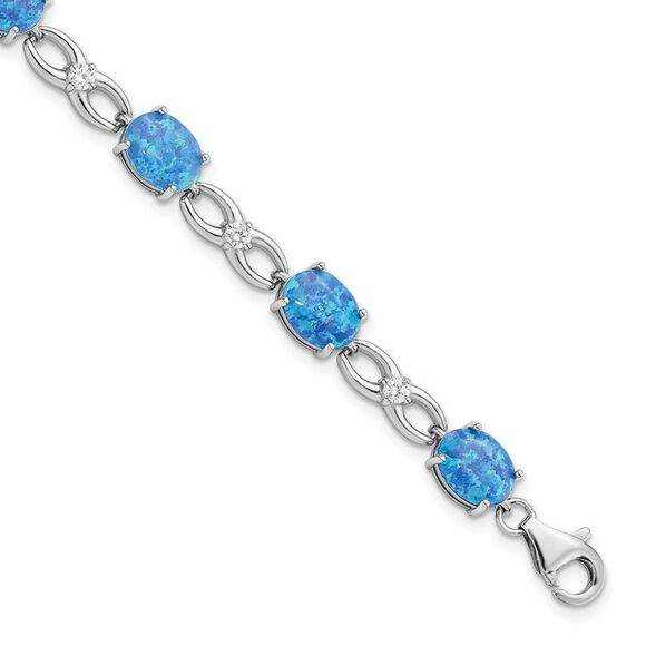 Kazi Luxury Silver Rhodium-plated Polished Blue Created Opal & CZ Bracelet